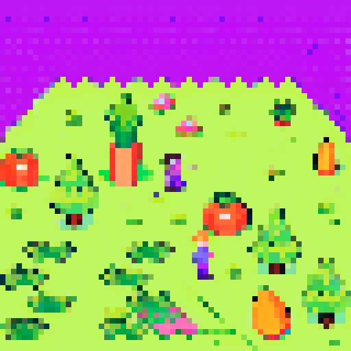 Odd world, lime green grass, purple ocean, pink sky, gigantic carrots, boy in blue pajamas