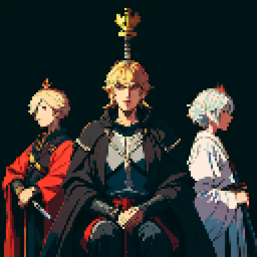 three men, king and his retinue, crown, light at the kind, dark place, king with sword