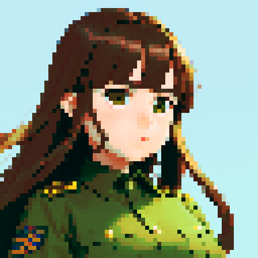 young girl, large round eyes, brown hair, brown eyes, wearing combat green army uniform, upper body close-up, transparent background, clean and detailed, game icon, centered composition, beautiful girl, long flowing hair, detailed eyes, slim figure, soft smile, round face