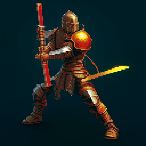 pixel art picture of a human male knight swinging a great sword with both hands, vibrant colors, detailed shading, and smooth lines, heavy armor, combat stance, muscular build, armored helmet, deep red and gold armor, detailed sword, detailed shading, smooth lines