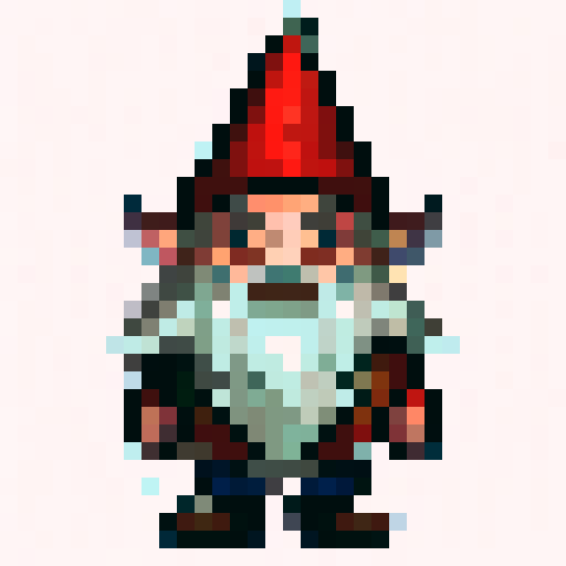 32x32 pixel art gnome with a red pointy hat and large white beard, depicted in a close-up portrait style, completing various actions like standing, running, jumping, and spinning, all as sprites for a game.
