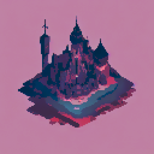 dark silhouette of a castle atop a mountain, overseeing dark woods, pixel art, foggy, mysterious, landscape portrait
