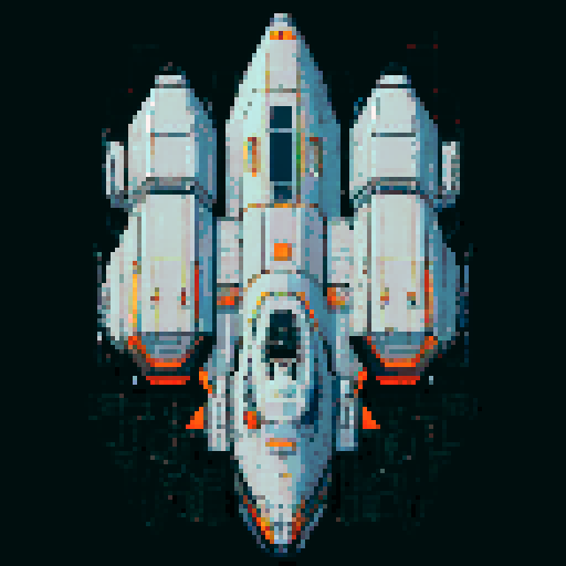 2d Spaceship in empty space, metallic exterior, retro aesthetic, pixelated details,blinking lights, wireframe outlines, geometric shapes, low-resolution textures, pixel art style, sRGB color space View from above.  For a spaceship designed for stealth or reconnaissance missions, use dark grays, deep blues, and black, with minimal highlights in red or orange for the thrusters and running lights. This palette suggests a more militaristic or secretive function.