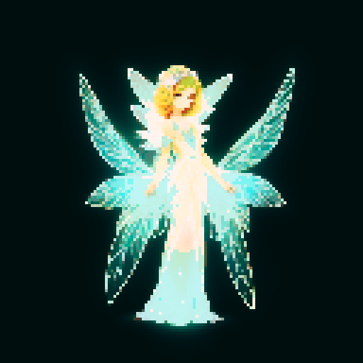 A delicate, fairy-like creature with translucent wings, a body adorned with blooming flowers, and glowing eyes. It has a serene expression and emits a soft, magical light. It moves gracefully through the air. No background.
