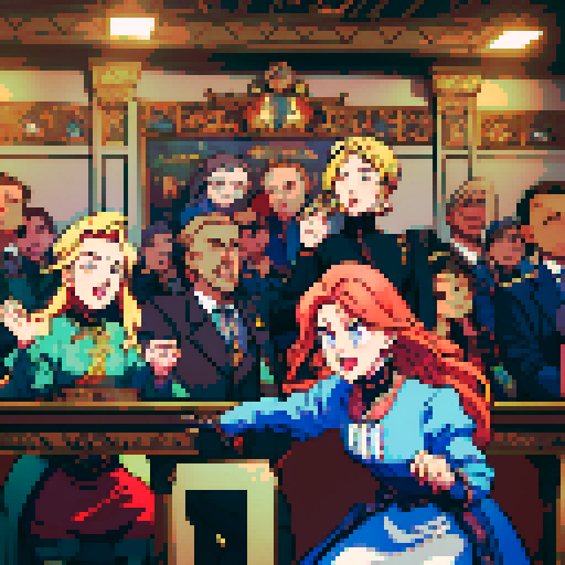 delegates passionately arguing inside of German Federal Parliament, vibrant colors, pixelated details, iconic architecture, retro video game aesthetic, animated pixel art, meticulously crafted characters, intricate pixel patterns, dynamic lighting, immersive atmosphere, high-energy debate, expressive facial expressions, animated gestures, traditional German clothing, historical significance