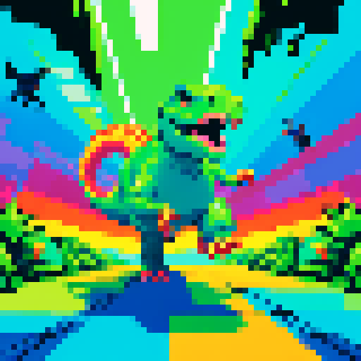 Dinosaur running, vibrant colors, pixelated details, sRGB palette, energetic motion, dynamic perspective, retro gaming vibes