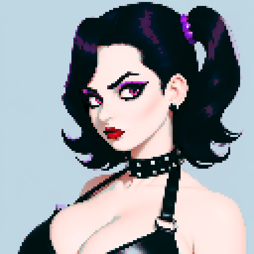 curvy, cute busty greaser goth woman's face, whole head portrait, medium length black hair, purple eyeshadow, red lipstick, low cut black studded leather halter top, studded collar, vibrant sRGB colors,