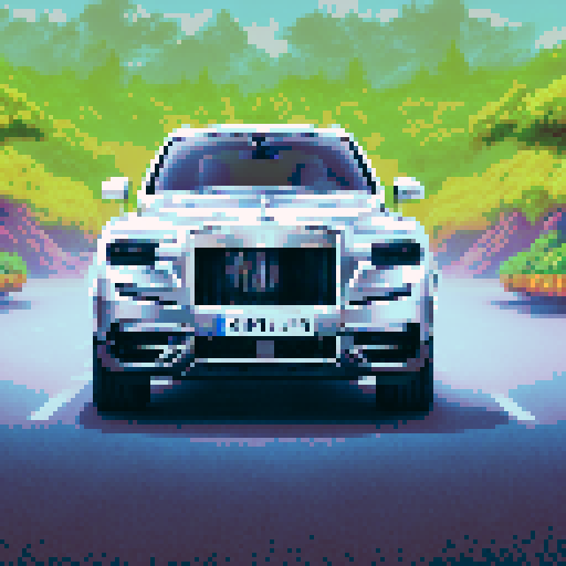 Photorealistic whole silver Rolls Royse Cullinan, centered, three-quarter view, right front wheel, clean background, sRGB colors, pixel art style