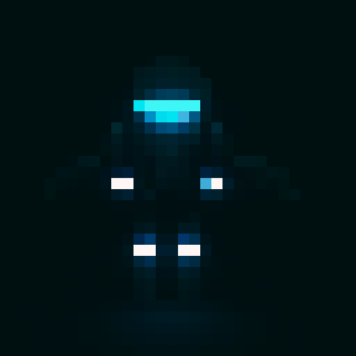 futuristic humanoid combat drone, metallic, pixelated, sleek, powerful, glowing eyes, sharp edges