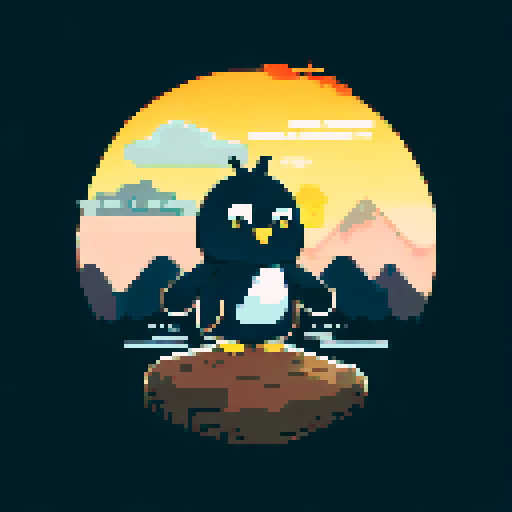 Penguin in nature, mountains on background, black and white, vector