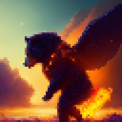 Bear warrior, headphones blasting, launches into a victorious jump with arms raised high, silhouetted against a fiery sunset and towering trees, all rendered in dramatic pixel art fit for a fantasy RPG.