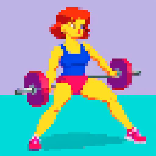 vibrant, energetic woman, determined weightlifting, retro-inspired pixel art background, vivid sRGB color palette