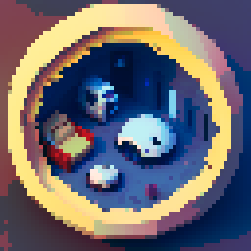 The interior of a small, rounded spaceship interior with smooth, curved walls and large windows in the back showing space. In the center is a cryo-pod with a sleeping human inside.