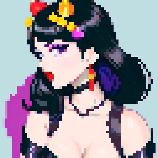 curvy, cute goth girl with black hair, purple eyeshadow, and red lipstick, in a pixel art glamour shot, with vibrant sRGB colors