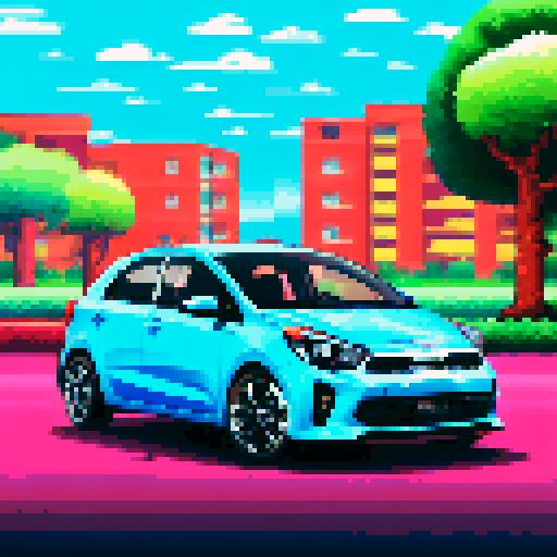 Photorealistic, centered Kia Rio in a three quarter view, right wheel in front, clean background, pixel art style with sRGB colors