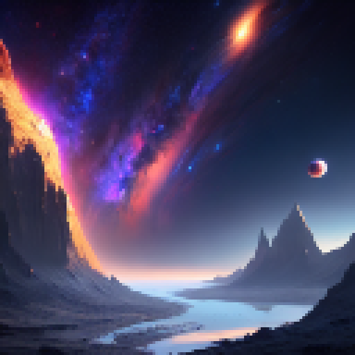 Chimp gazes at awe-inspiring landscape of galaxies, stars, and planets, evoking a sense of melancholy in a Fantasy RPG style.