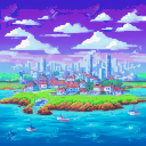 Island port town, have the whole town visable in the image. make it usebale as a tile set for my rpg game. make sure its a lively city. 