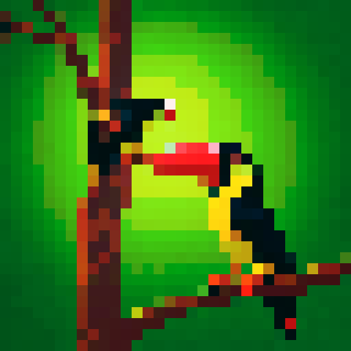 toucan on a tree in the forest. the scene displays two big trees with the toucan in the middle on one of their branches