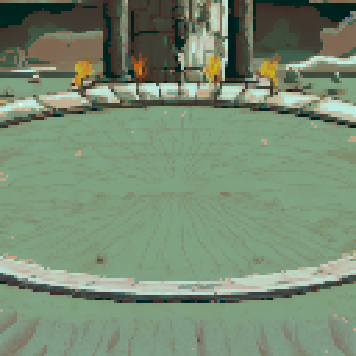 Ancient stone arena with a circular platform etched with faint lines and surrounded by torches emitting a fiery glow. Massive stone pillars frame a hooded statue at the rear, exuding a foreboding atmosphere. The muted grays and browns, combined with scattered rocks and shadows, evoke a mysterious and ritualistic setting.