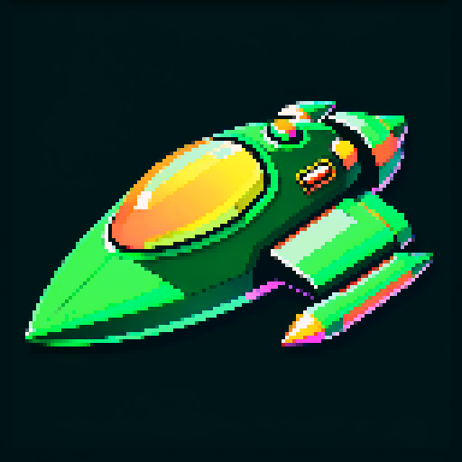 Green spaceship, retro, low resolution, vibrant colors, geometric shapes, angular design, glowing thrusters, metallic finish, glossy surface, starry background, cosmic atmosphere, sci-fi aesthetic, futuristic, extraterrestrial, otherworldly, nostalgic, video game-inspired