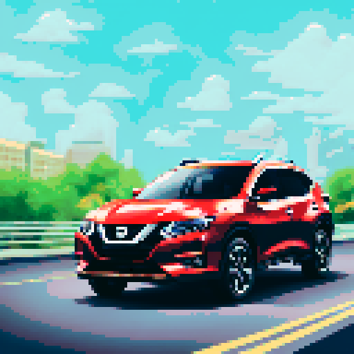 Photorealistic whole Nissan Rogue, three-quarter view, right front wheel, clean background, sRGB colors, pixel art style
