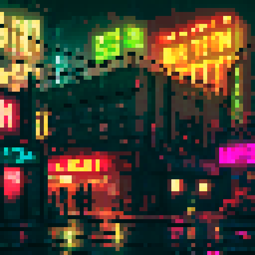Dystopian noir city, brutalist arena with neon lights, rundown house with rusted metal roof, black market with shady neon signs, tall apartment buildings with bright, illuminated windows, overgrown trees, moody lighting, mist and shadows blending, pixel art, sRGB
