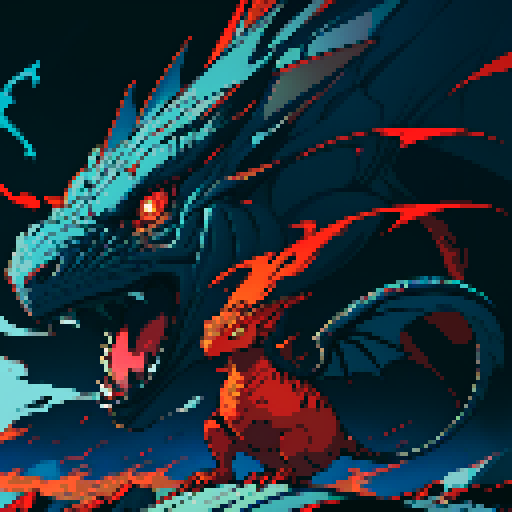 red dragon, fiery scales, sharp claws, fierce expression, towering presence, detailed pixel art, vibrant colors, textured scales, intricate patterns, glowing eyes, majestic wings, powerful tail, smoke billowing from nostrils