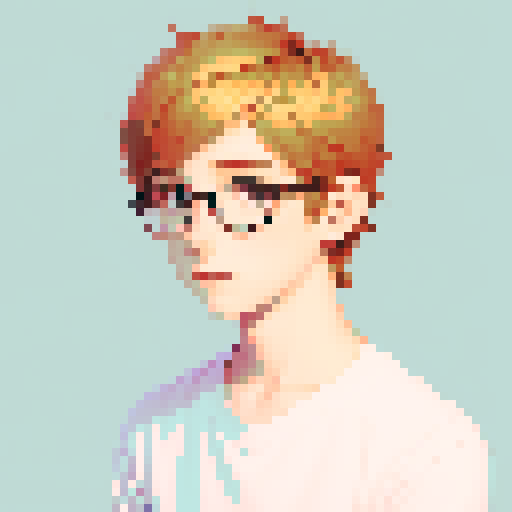 portrait, sprite art, young shy man, cozy, cute, light hair, soft eyes, neutral, curious, nerd