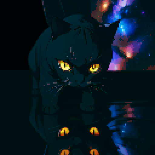 reflection of the milky way galaxy in the yellow eyes of a black cat