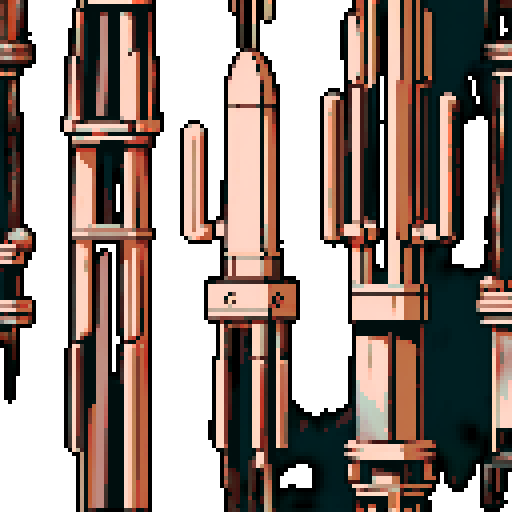 I want a tall vertical copper structure reminiscent of a organ pipe. It should have strange mechanical details that could interlock with each other. I also want this object usable an asset in a videogame, meaning only one object per image, outlined with a strong black stroke, on a solid-color background.