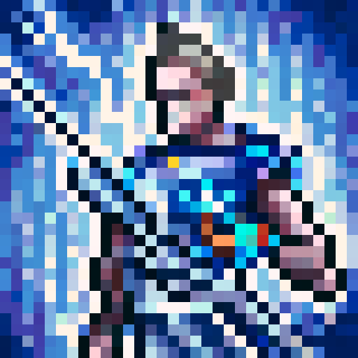 Thalrin Stormcaller, long wild silver hair, piercing blue eyes reflecting mastery over storm magic, blue and white robe with lightning bolt motifs, staff emitting sparks, lightning bolt topper, stormy sky with dark clouds and flashes of lightning, confident, game icon, 32x32 pixel art, sRGB, skill art, close up, portrait