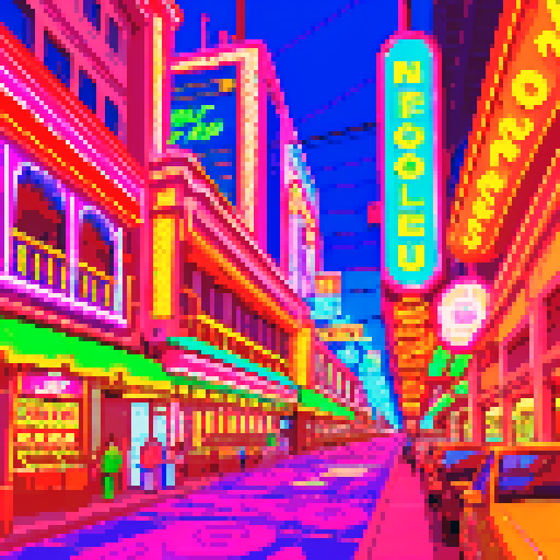 Neon-lit casino street, bustling with pixelated characters, vibrant sRGB colors illuminating the background landscape