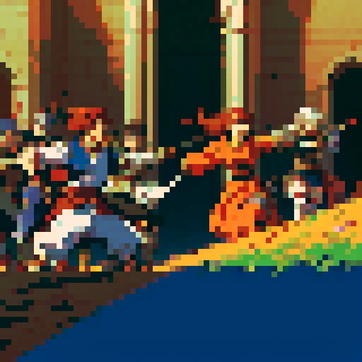 Fire Emblem Blazing Blade Army, epic battle formations, vibrant colors, detailed sprites, tactical maneuvers, medieval-inspired pixel art, intense combat scenes, strategic positioning, diverse character classes, sRGB palette