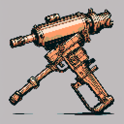 I want a big copper minigun viewed from from the side. It should not be on a stand but instead floating in the center of the frame. It should have strange mechanical details that could interlock with others. I want this object usable an asset in a videogame, meaning only one object per image, outlined with a strong black stroke, on a solid-color background. 