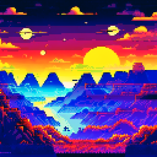 pitch black sky, twinkling stars, vast expanse, silhouetted mountains, moonlit glow, serene atmosphere, pixelated art style, sRGB color palette, detailed background, immersive landscape