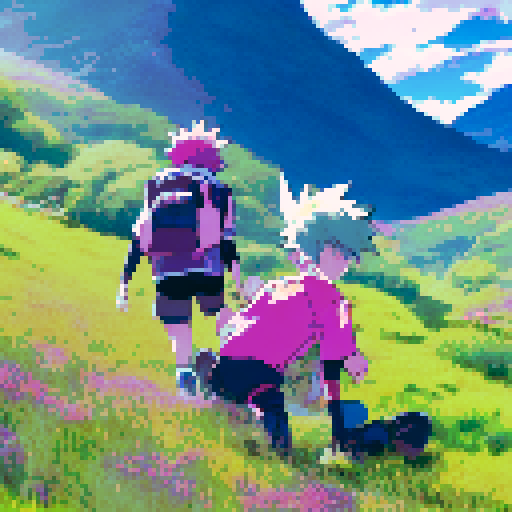 Boy with spiky hair and girl with pigtails, both wearing colorful outfits, dashing through a field of lush green grass with pink flowers, surrounded by a picturesque mountain landscape, all in vibrant anime style

