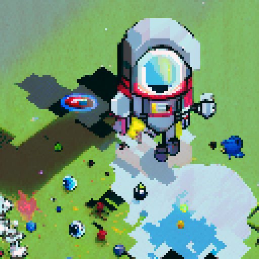 Create a pixel art comic scene featuring a heroic astronaut fighting off a swarm of giant, neon-colored space bugs in the vacuum of space.