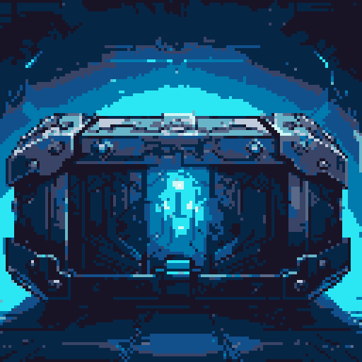 mystery box, stone, metall, shiny, pixel art, sRGB, vibrant colors, glowing lights, intricate patterns

