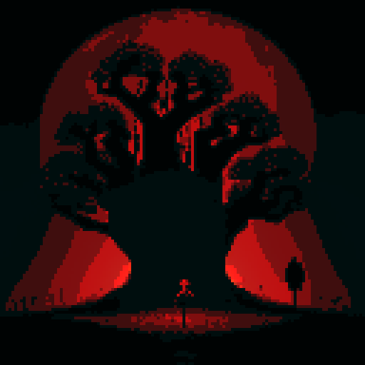 pixelated, shadowy silhouette, twisted trees, ominous moonlight, hidden secrets, sinister figures, eerie fog, blood-red sky, haunting atmosphere, mysterious pathways