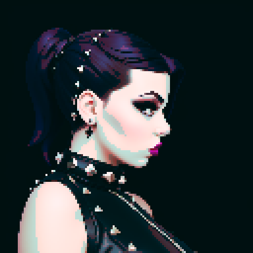 Side view of curvy, busty goth babe with studded collar. Full face portrait, 
 glamour shot. tile backsplash. Edgy aesthetic 