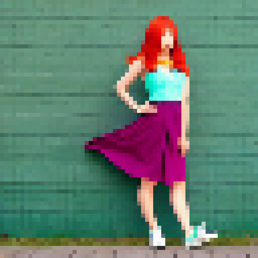 Anime-style, a woman with auburn hair, wearing a vibrant yellow sundress, squats in a dimly-lit alley, relieving herself against a teal brick wall.