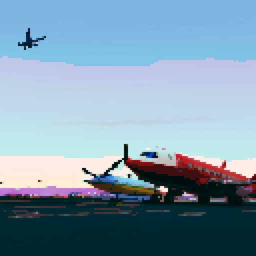 Airport at dusk, pixelated planes in vibrant shades of red and yellow, runway lined with twinkling lights, a crowd of travelers shrouded in silhouettes, fading sky painted with hues of faded purple and deep blue