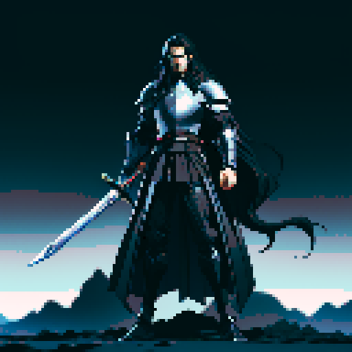 full-body image, male knight, man in black armor, giant sword, long black hair, sexy, male dark knight, giant sword, huge long sword, long hair