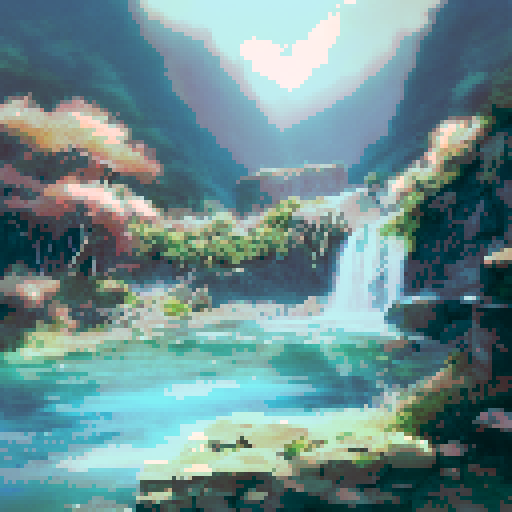 Craggy waterfalls cascade into crystal-clear lakes amidst lush vegetation in a stunning landscape portrait of an ancient city at the bottom of a rocky precipice.