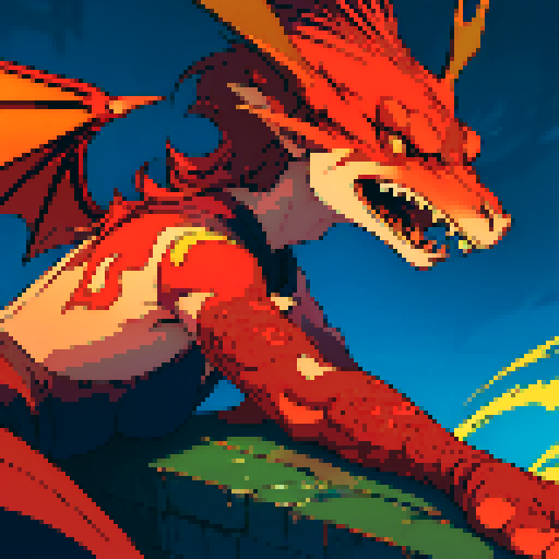 red dragon, vibrant red scales, fierce gaze, sharp claws, majestic wings, lounging lazily, shimmering pile of gold, intricate details, pixelated art style, sRGB color profile