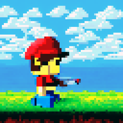 mini pixel man with a red hat and silver sword standing on top of a grassy hill with a blue sky and fluffy white clouds in the background, using a retro 8-bit art style