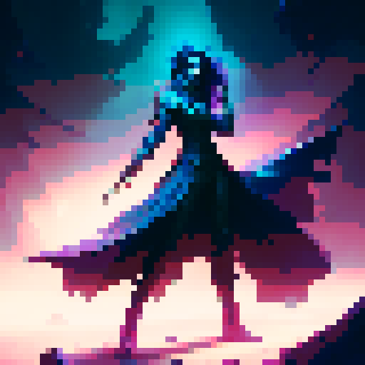 female necromancer, long dark hair, full body, action pose, swirling purple and green magic, mysterious ruins, ethereal glow, intricate staff, flowing robes, intense gaze, dark shadows, ancient spellbook, fantasy RPG