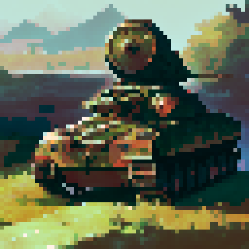 Rusted metal, overgrown with vines and surrounded by a desolate wasteland, an abandoned tank stands stoically against the elements in a haunting landscape portrait