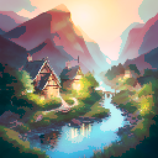 Wooden houses in a mountain valley, lantern light casting a warm glow, a river meandering through the village, painted in a landscape portrait style