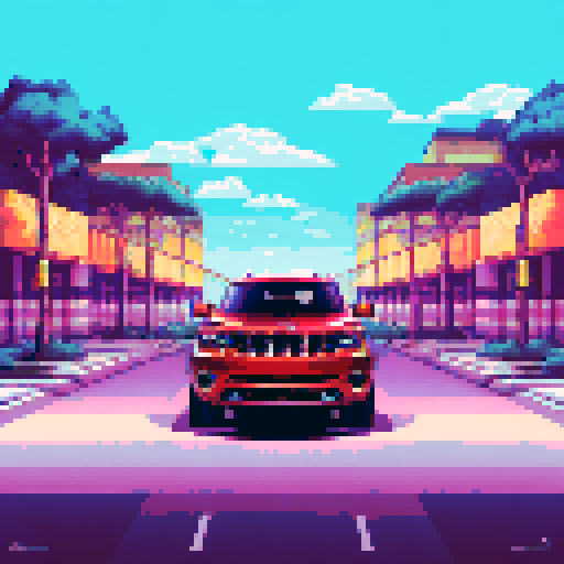 Photorealistic, centered Jeep Grand Cherokee in a three quarter view, right wheel in front, clean background, pixel art style with sRGB colors